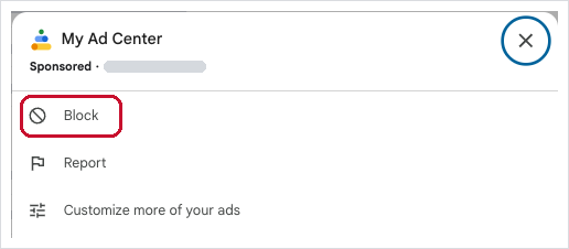 The My Ad Center panel that opens from the three dots, with Block highlighted.