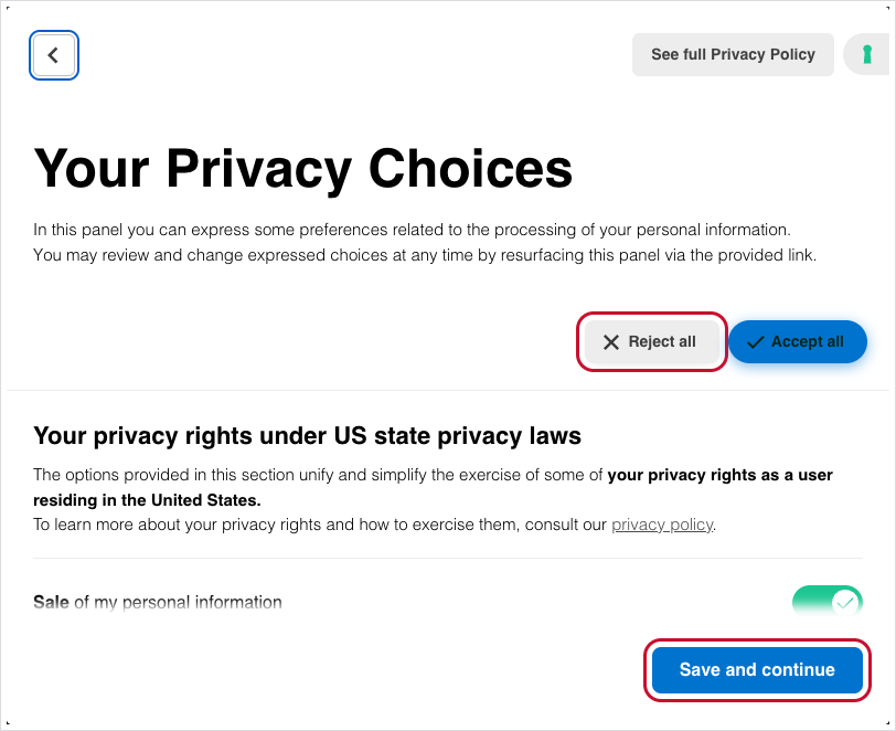 The Your Privacy Choices panel with Reject all and Save and continue highlighted.