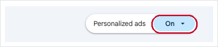 My Ad Center with the Personalized ads button, showing On, highlighted at the top right.