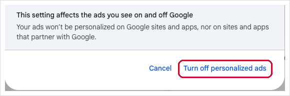 The confirmation window with Turn off personalized ads highlighted next to Cancel.