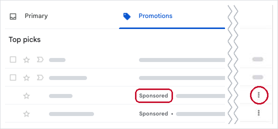 Gmail Promotions tab with a row marked Sponsored and the three-dot menu at the right end of that row circled.