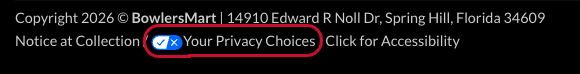The Your Privacy Choices link at the bottom of bowlersmart.com.