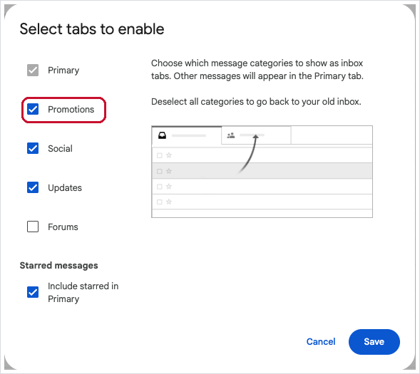 The Select tabs to enable window with the Promotions checkbox highlighted.